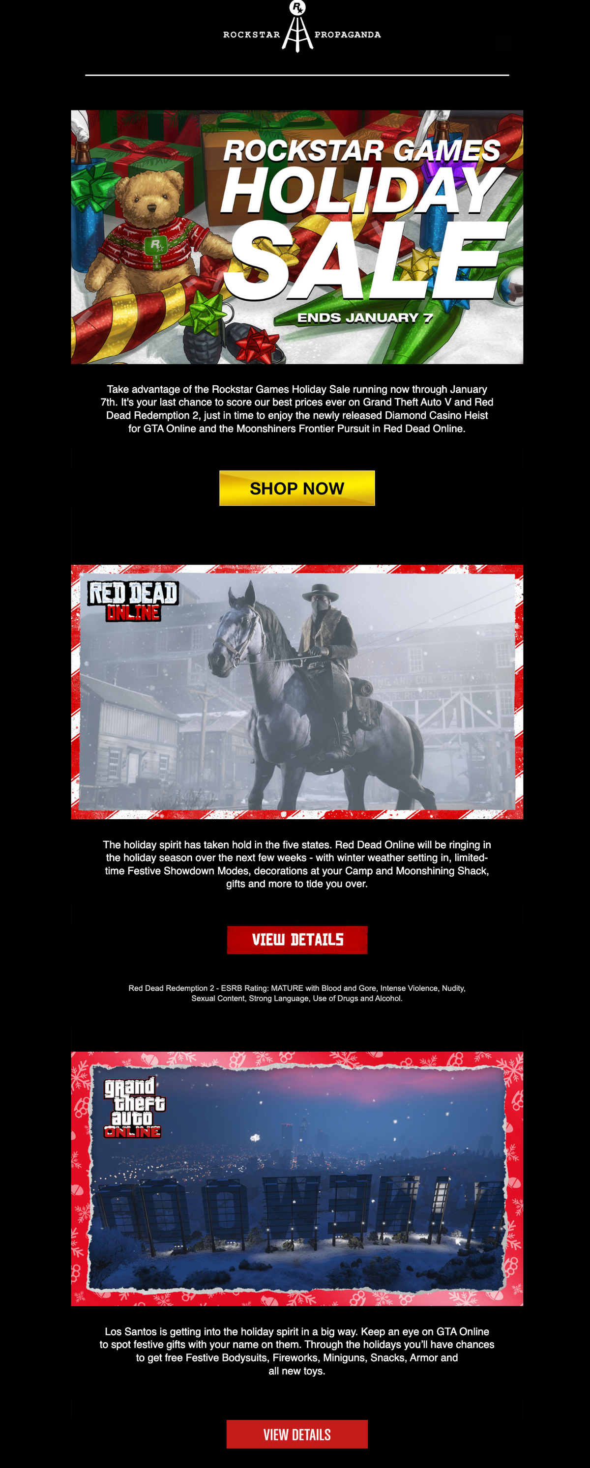 Email Marketing for Game Brands: Screenshot of Rockstar Games' newsletter highlighting their holiday sale