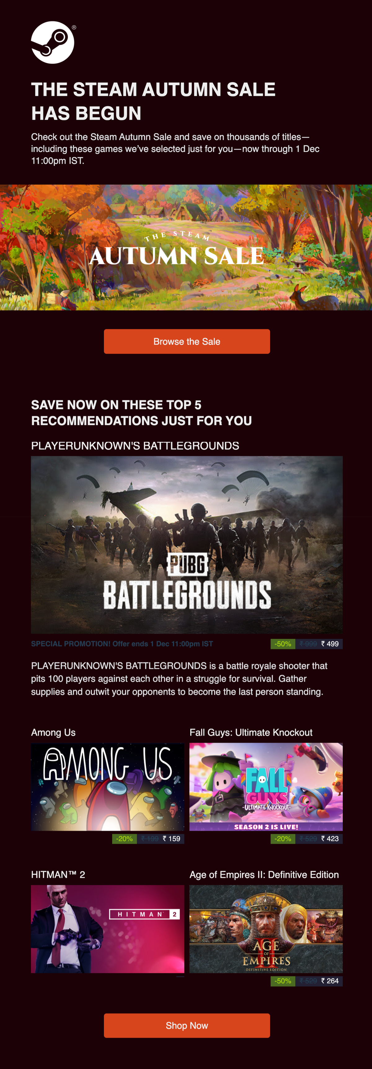 Email Marketing for Game Brands: Screenshot of Steam's promo email for their autumn sale