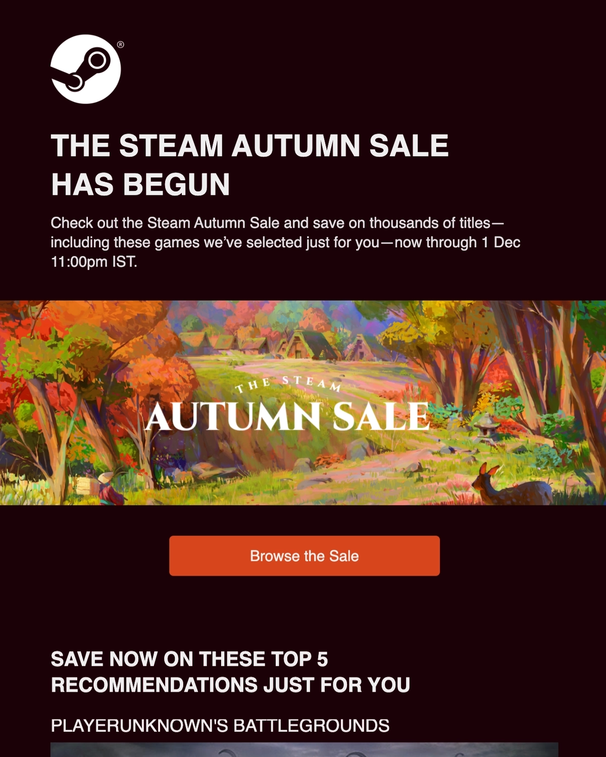 Email Marketing for Game Brands: Screenshot of Steam's promo email for their autumn sale