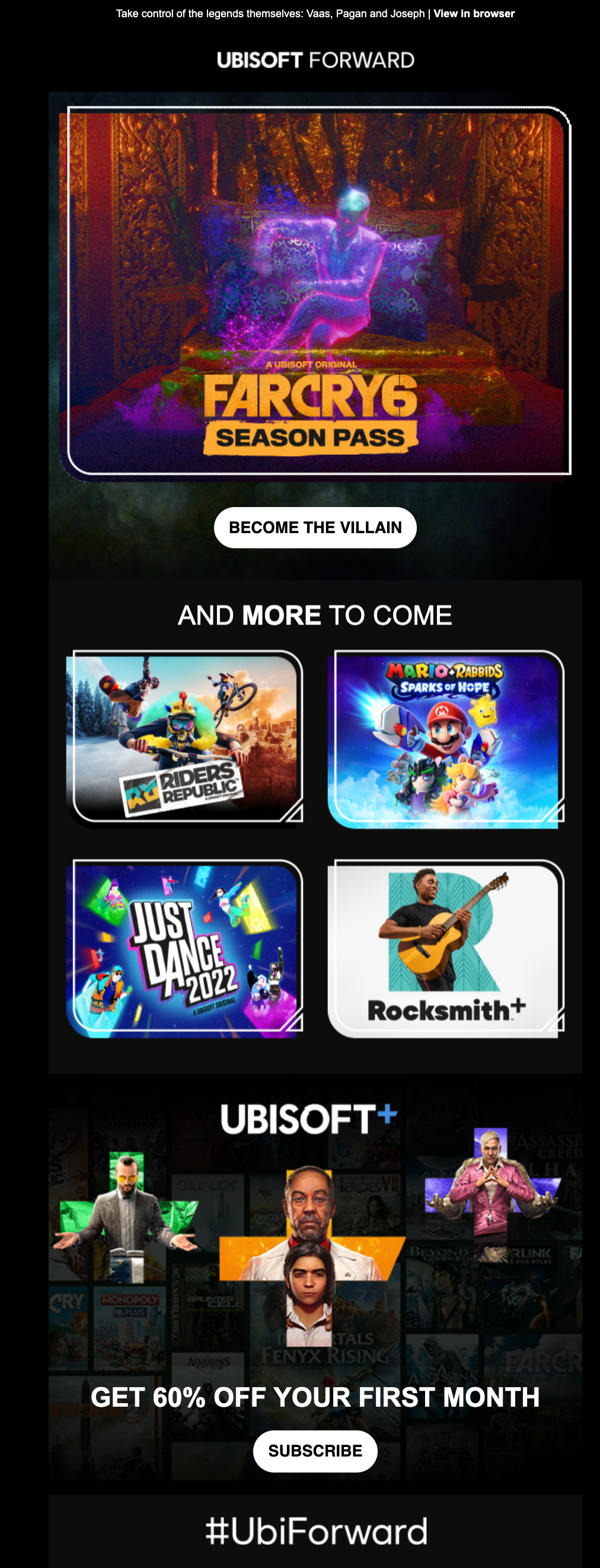 Email Marketing for Game Brands: Screenshot of Ubisoft's promo email highlighting the Far Cry 6 season pass