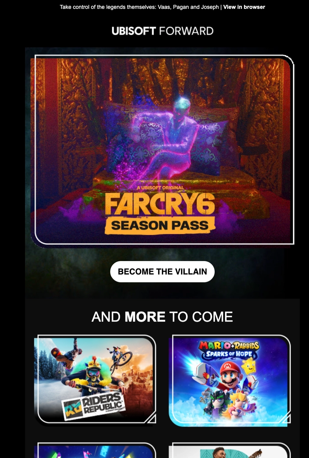 Email Marketing for Game Brands: Screenshot of Ubisoft's promo email highlighting the Far Cry 6 season pass