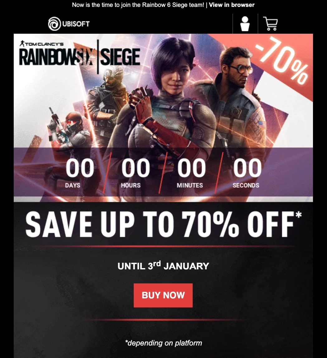 Email Marketing for Game Brands: Screenshot of Ubisoft's promo email highlighting the sale on Rainbow Six Siege