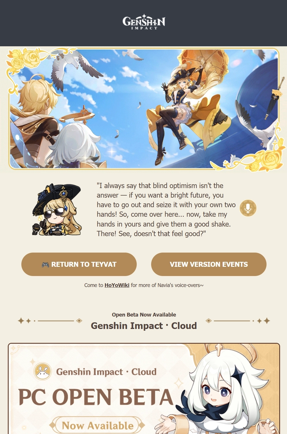 Email Marketing for Game Brands: Screenshot of Genshin Impact's re-engagement email
