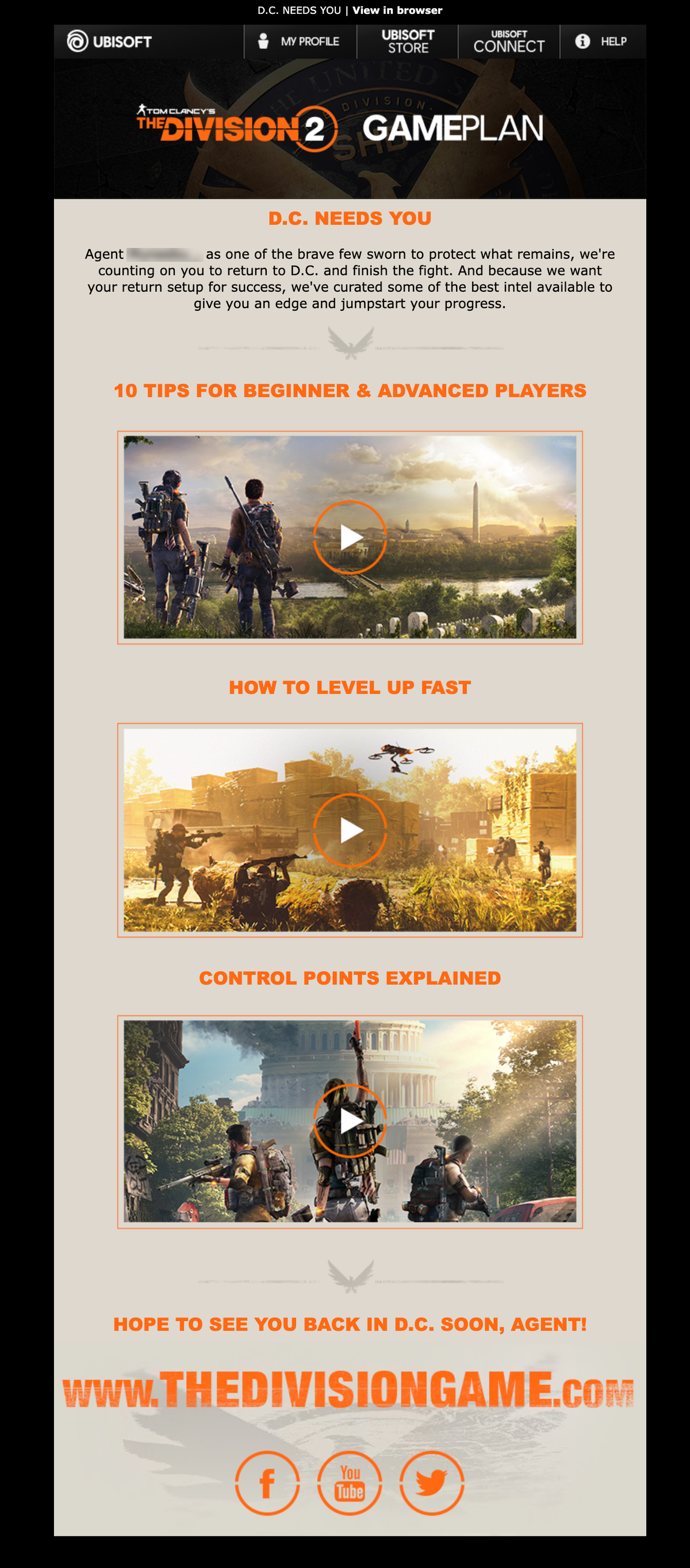 Email Marketing for Game Brands: Screenshot of Ubisoft's re-engagement email for The Division 2