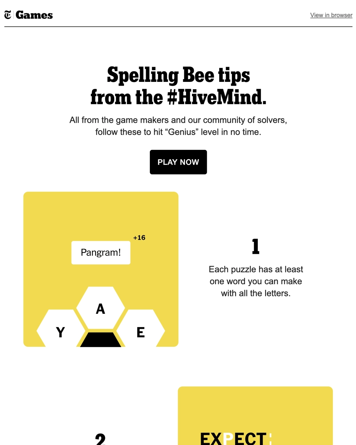Email Marketing for Game Brands: Screenshot of The New York Times Games about Spelling Bee tips