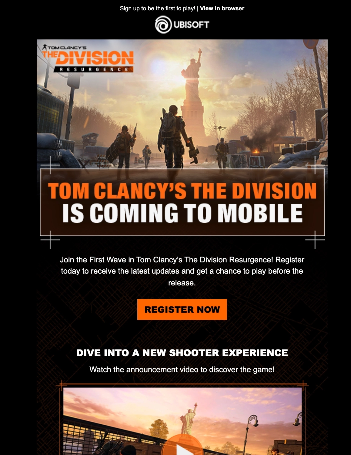 Email Marketing for Game Brands: Screenshot of Ubisoft's launch email for The Division on mobile