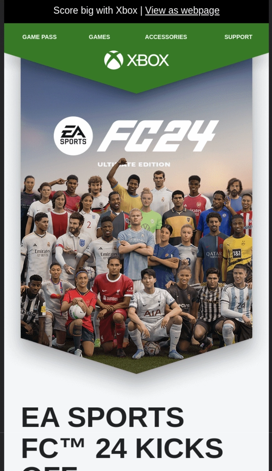 Email Marketing for Game Brands: Screenshot of Xbox's email for EA SPORTS FC™ 24