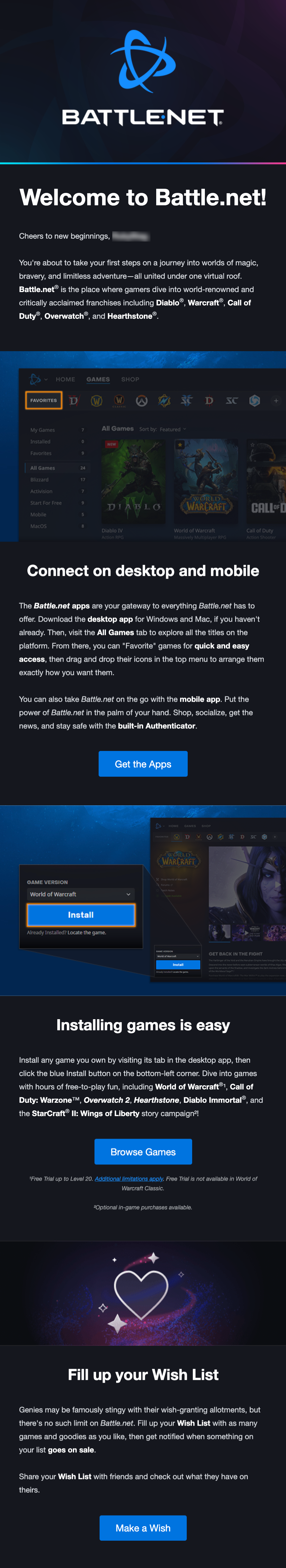 Email Marketing for Game Brands: Screenshot of Blizzard's first email for Battle.net in its welcome series