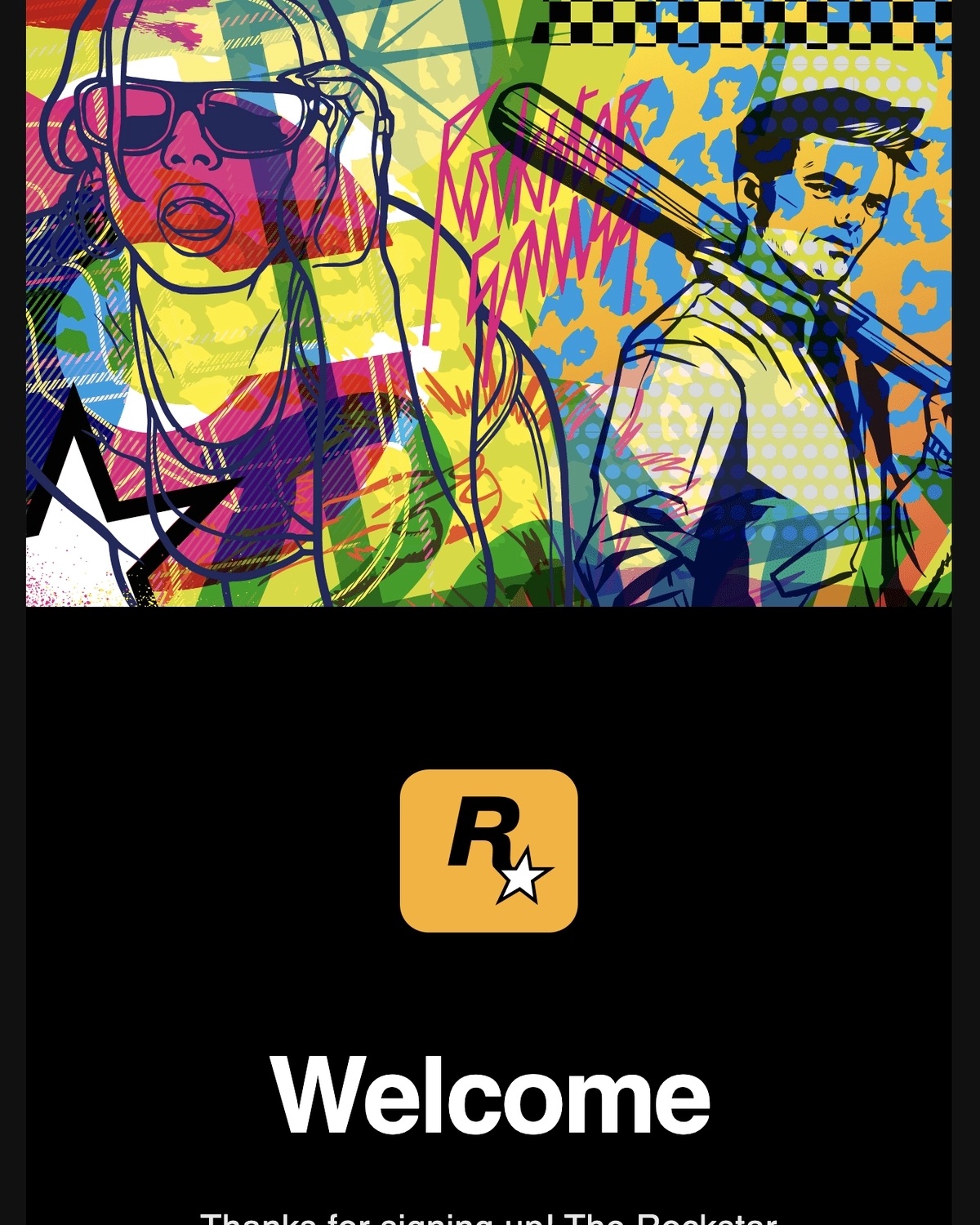 Email Marketing for Game Brands: Screenshot of Rockstar Games' welcome email for their newsletter