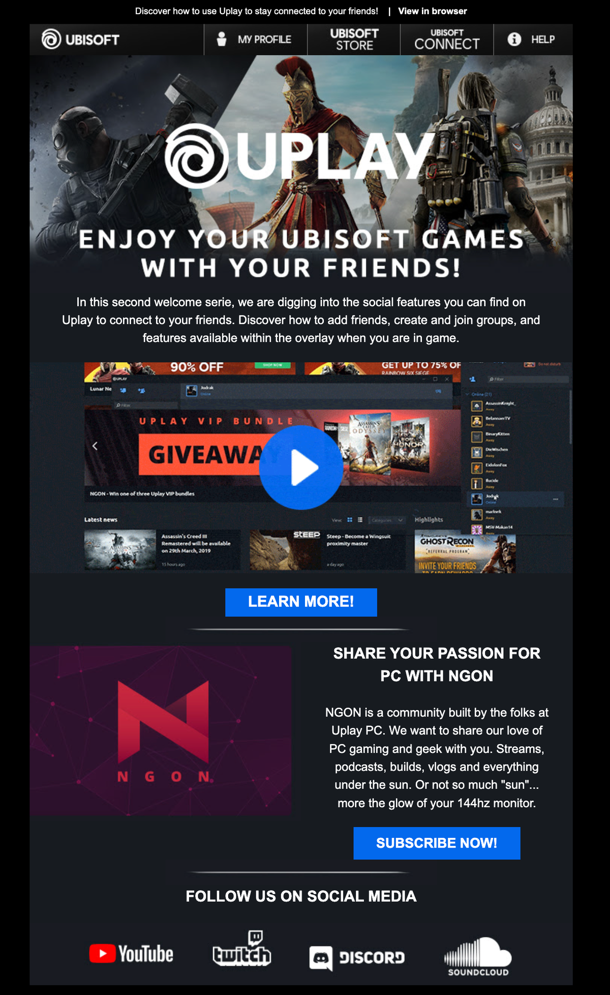 Email Marketing for Game Brands: Screenshot of Ubisoft's welcome email
