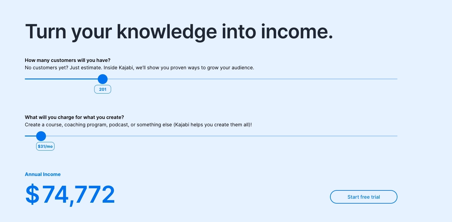 Email Marketing in Other Industries: Screenshot of Kajabi's potential calculator