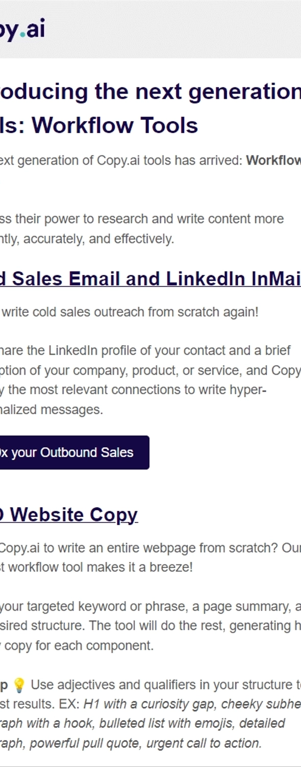 Email Writing Style: Screenshot of Copy.ai's email