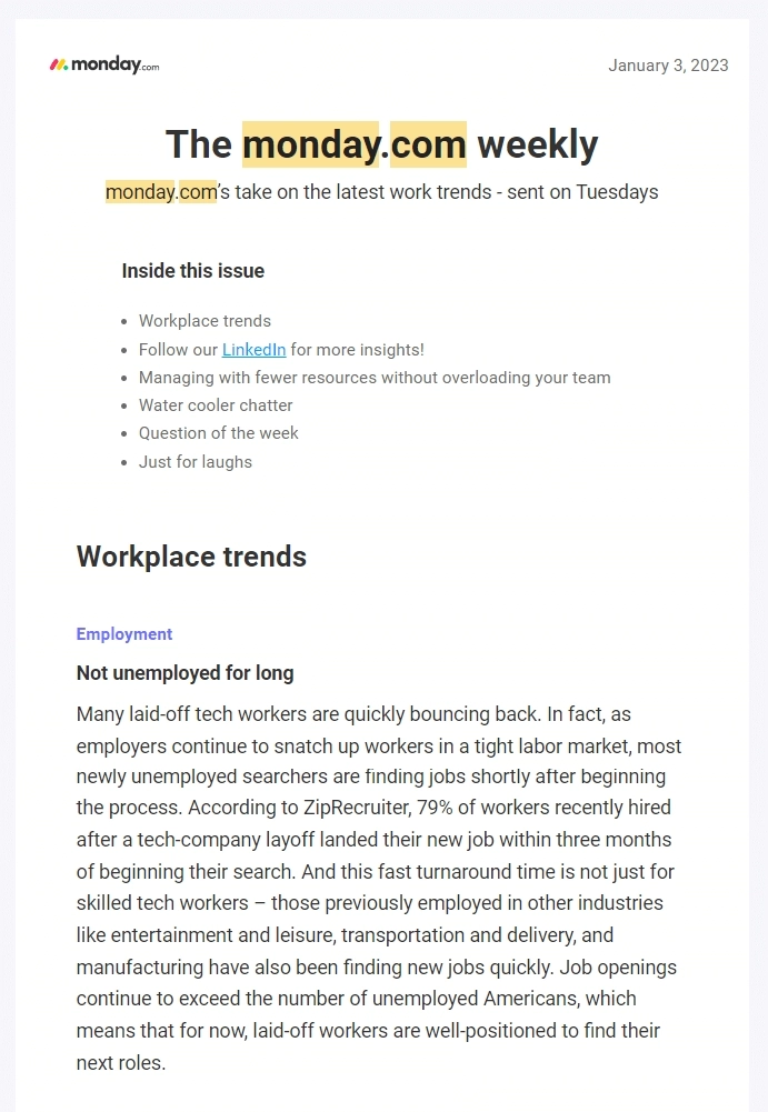 Email Writing Style: Screenshot of monday.com's weekly email