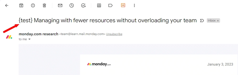 Email Writing Style: Screenshot of monday.com's test email