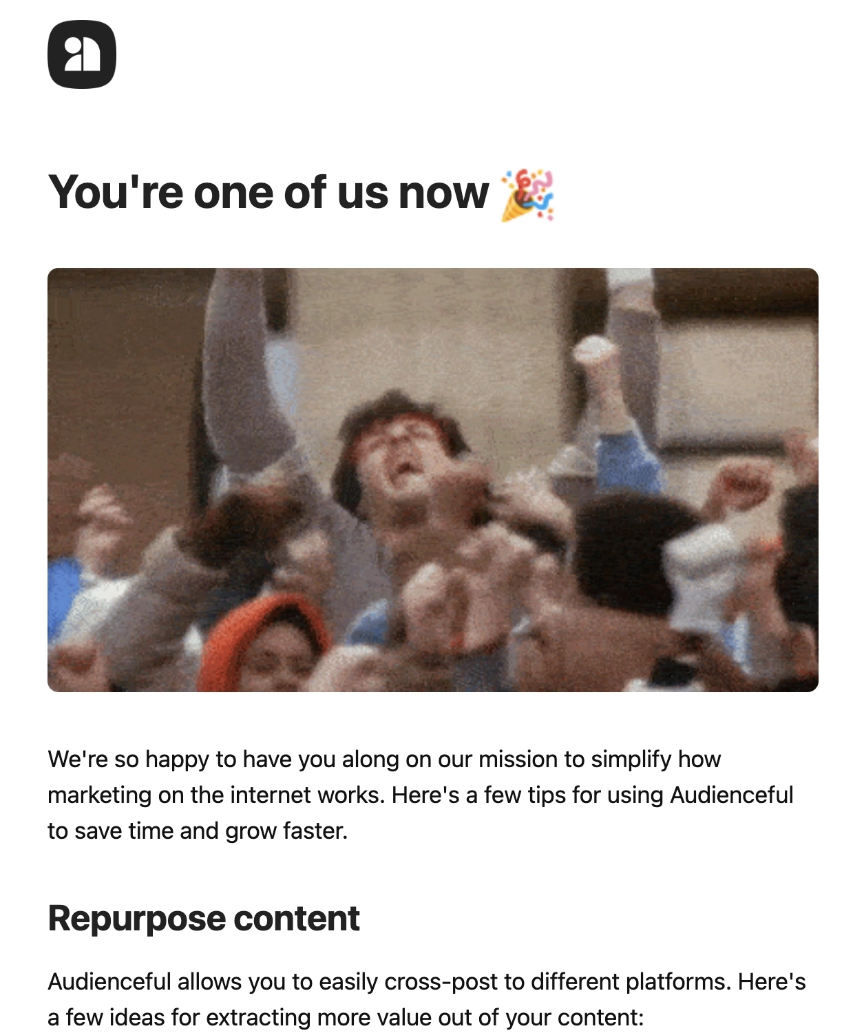 GIFs in SaaS Emails: Screenshot of Audienceful's welcome email