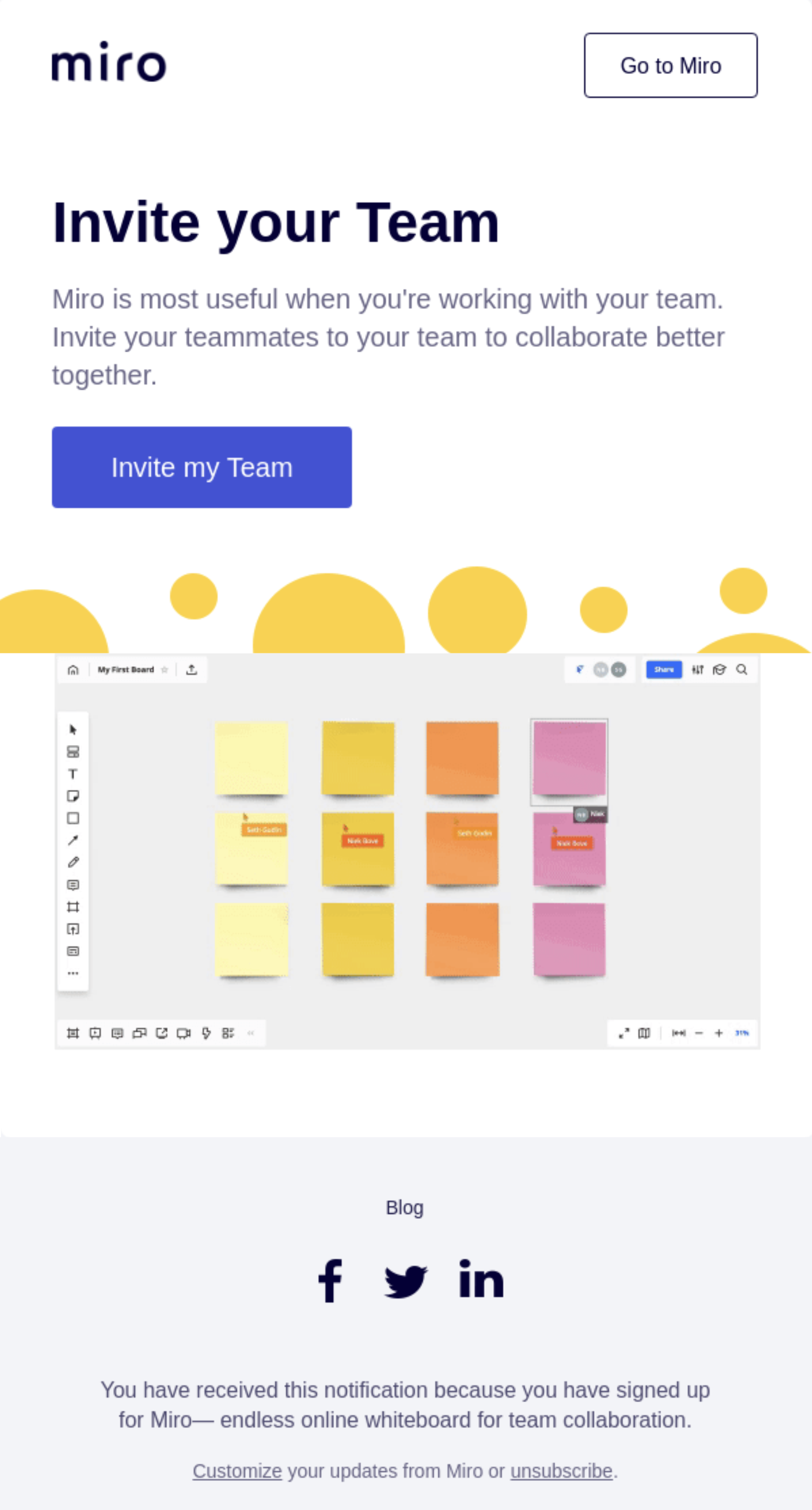 SaaS Invite Your Team Emails: Screenshot of Miro's email nudging users to invite team members