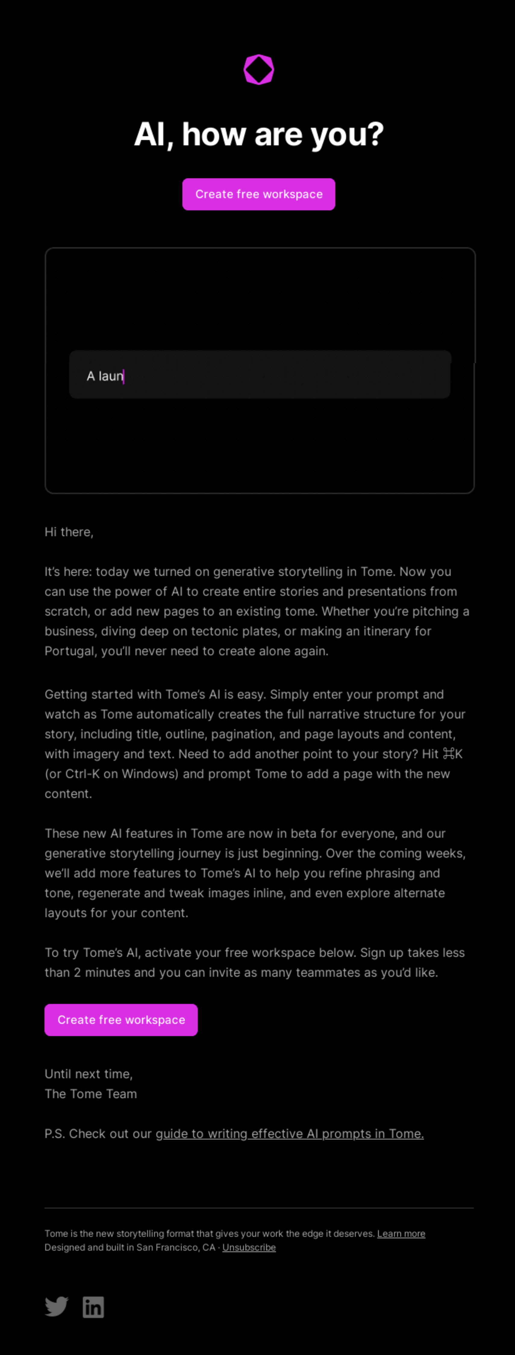 GIFs in SaaS Emails: Screenshot of Tome's feature announcement email