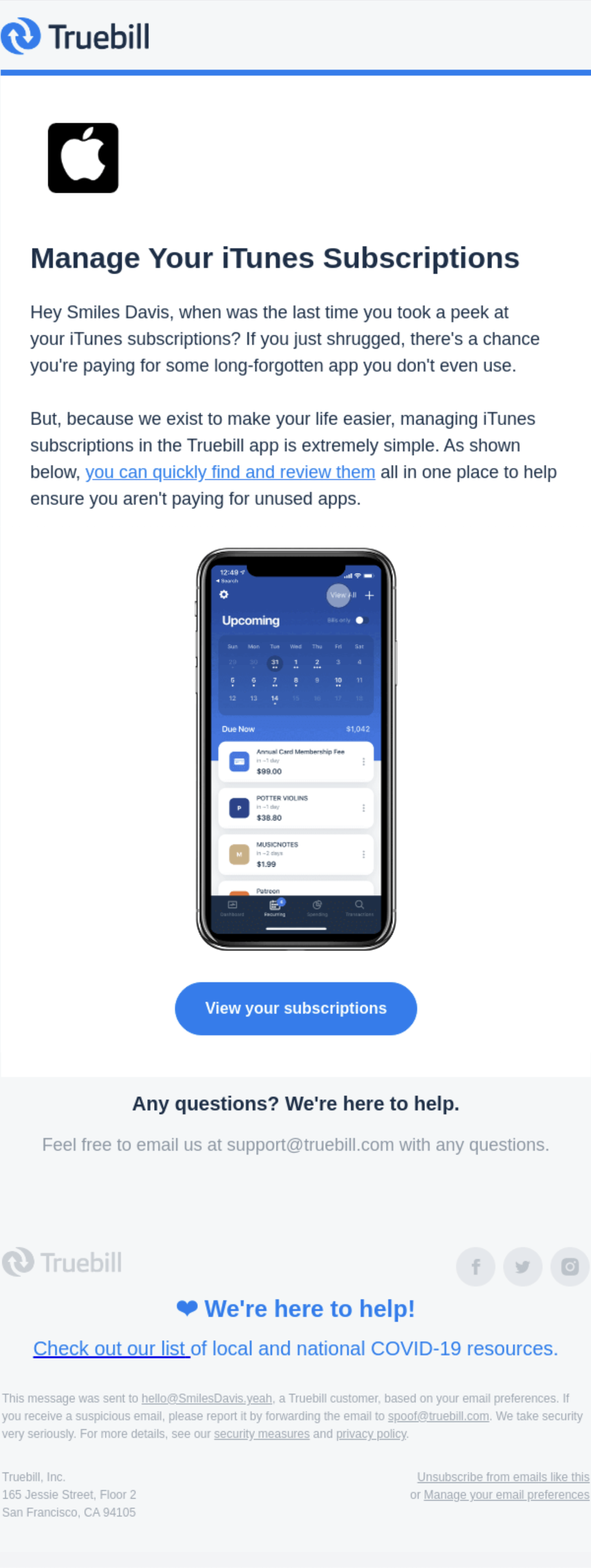 GIFs in SaaS Emails: Screenshot of Truebill's product tip email
