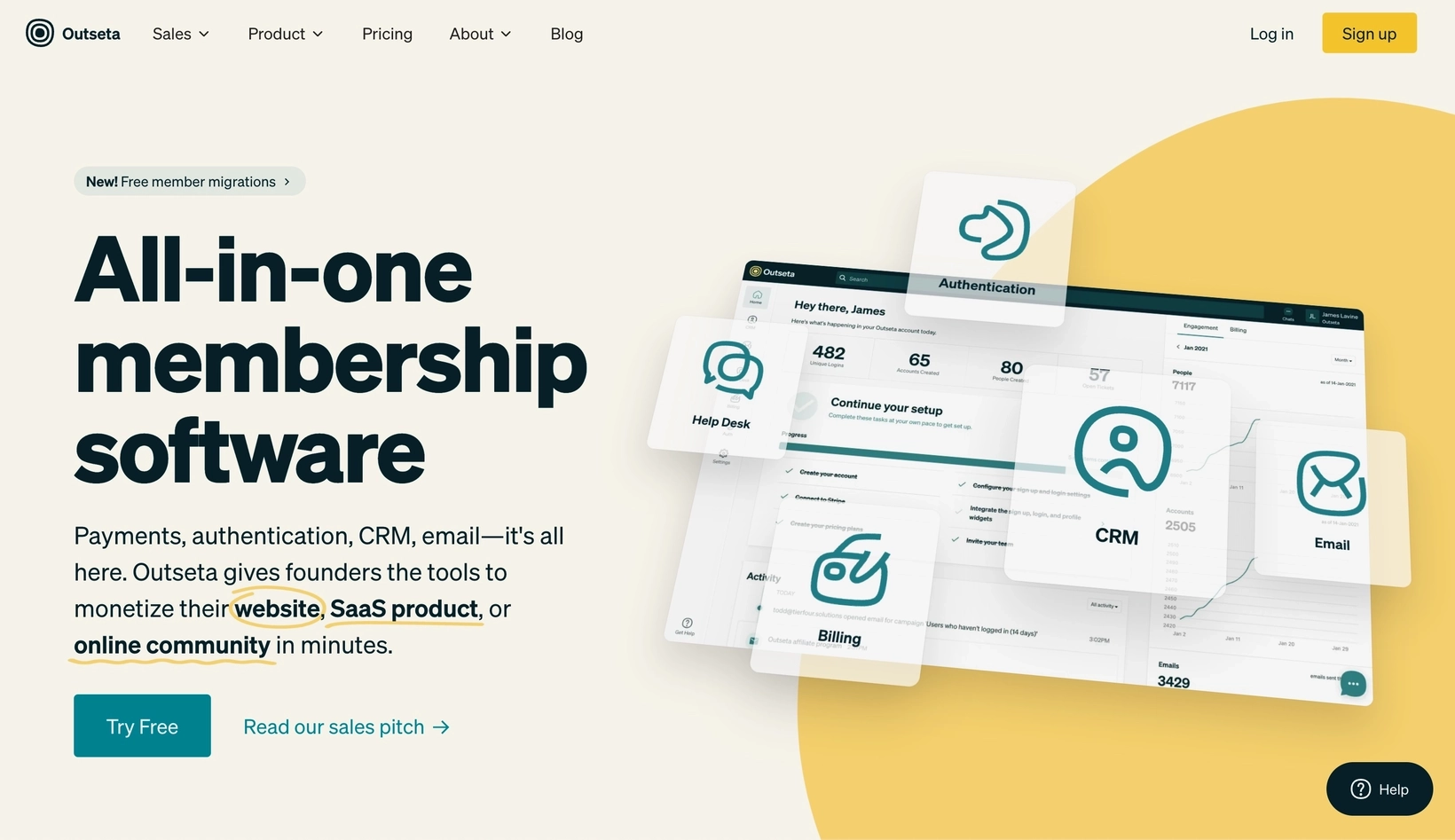 HubSpot Alternatives: Screenshot of Outseta's homepage