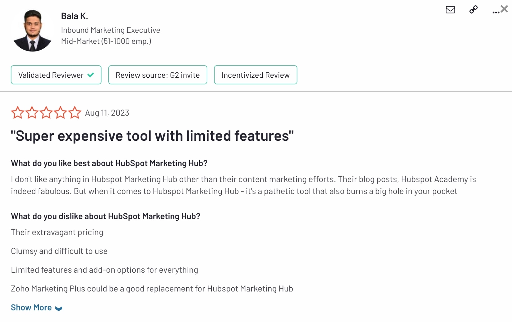 HubSpot Alternatives: Screenshot of a HubSpot review that talks about product complexity