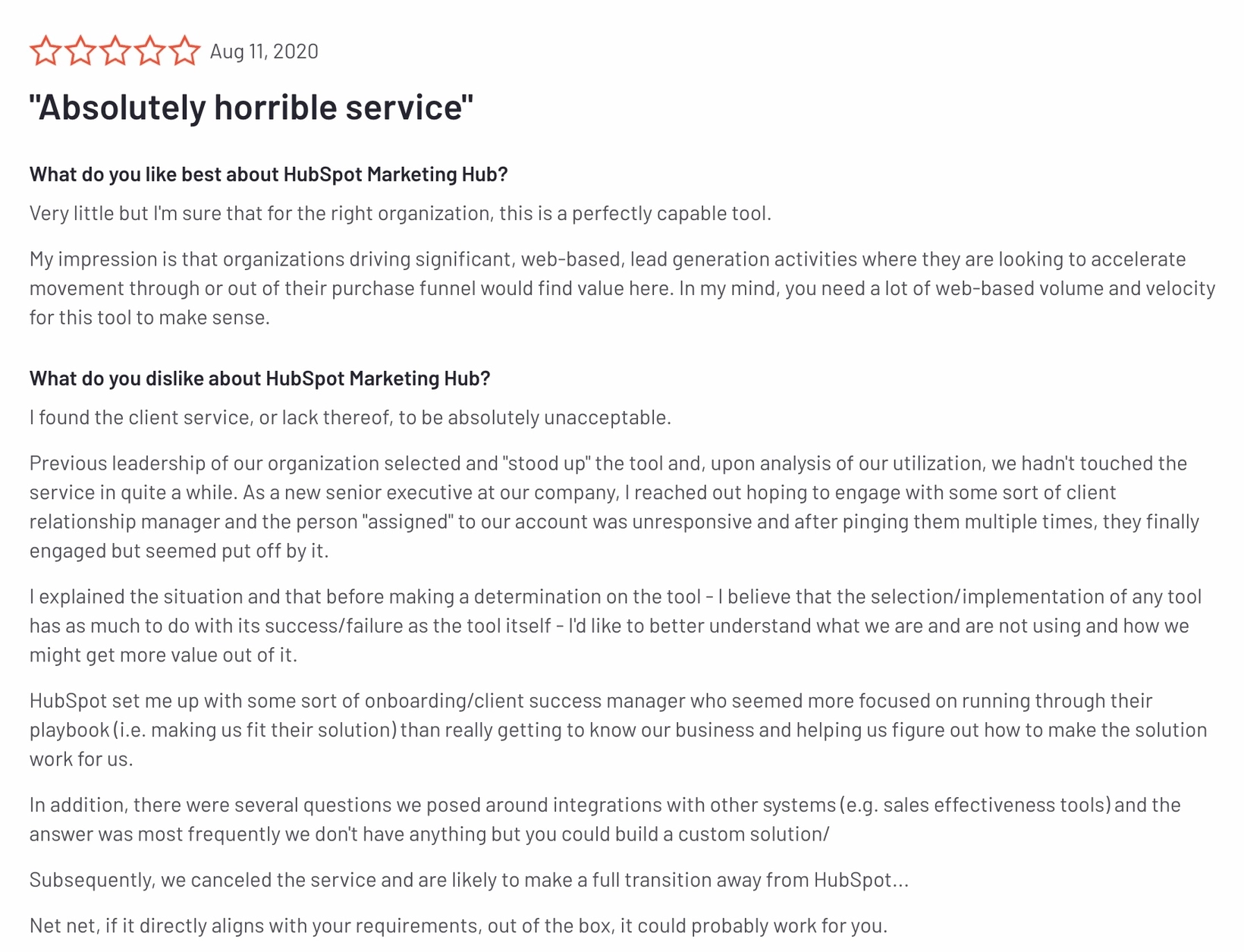 HubSpot Alternatives: Screenshot of a HubSpot review that talks about the poor customer service