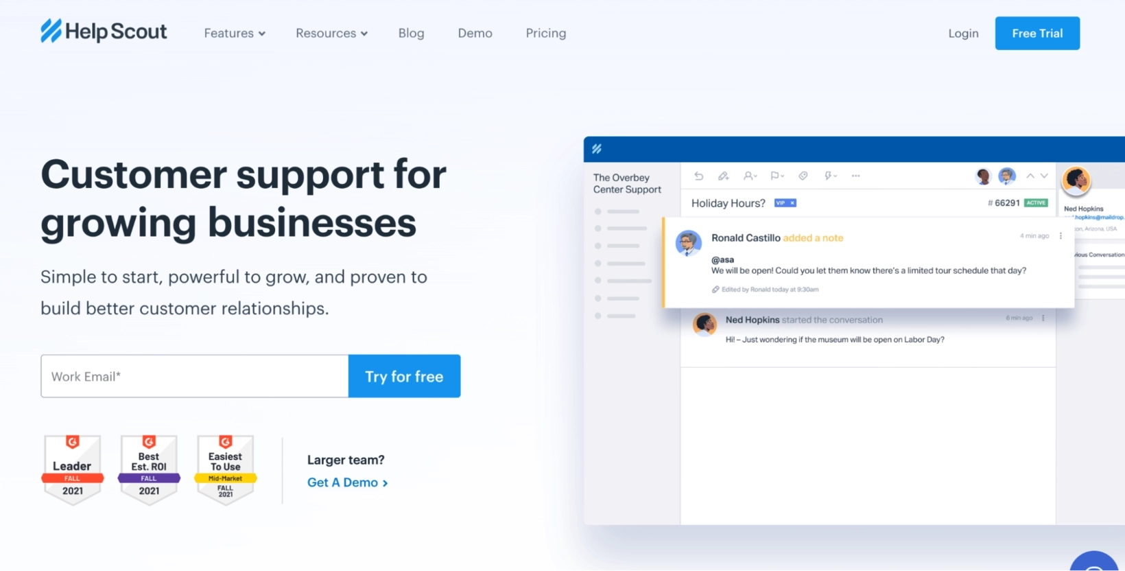 Intercom Alternatives: Screenshot of HelpScout homepage