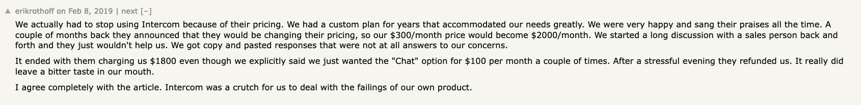 Intercom Alternatives: Screenshot of a customer review about Intercom