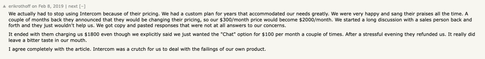 Intercom Alternatives: Screenshot of a customer review about Intercom