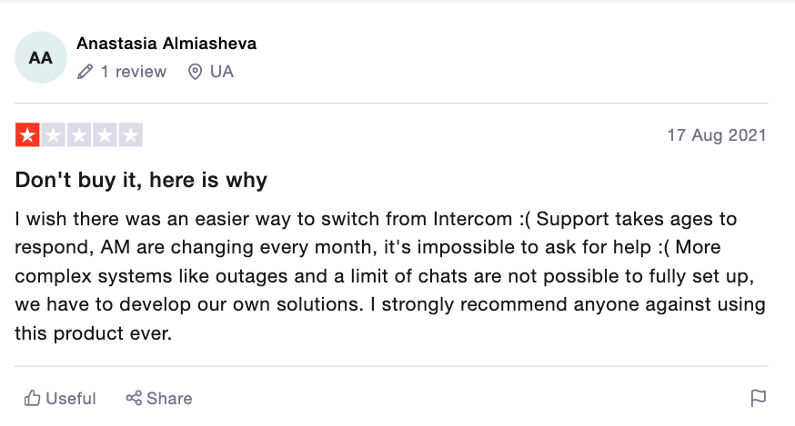 Intercom Alternatives: Screenshot of a customer review about Intercom