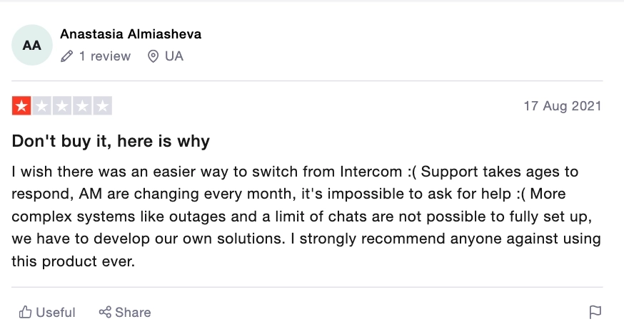 Intercom Alternatives: Screenshot of a customer review about Intercom