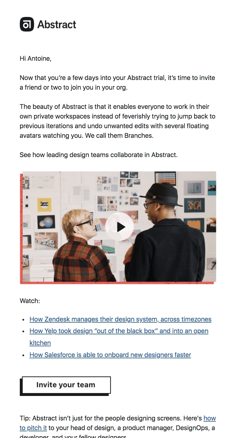 SaaS Invite Your Team Emails: Screenshot of Abstract's email nudging users to invite team members
