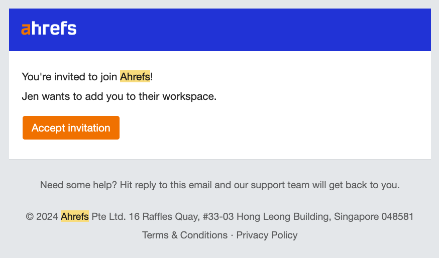 SaaS Invite Your Team Emails: Screenshot of Ahrefs' email about a team invitation