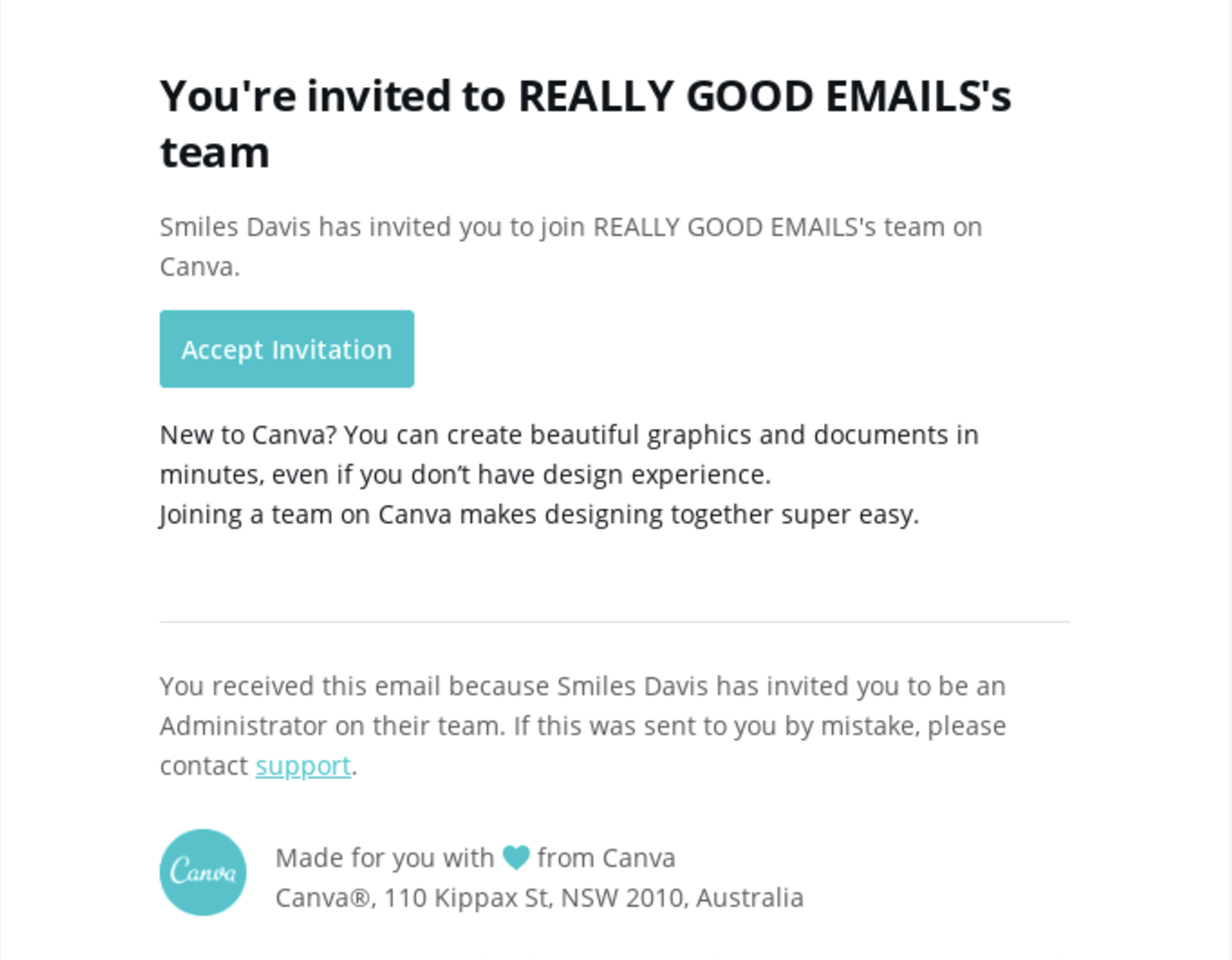 SaaS Invite Your Team Emails: Screenshot of Canva's email about a team invitation