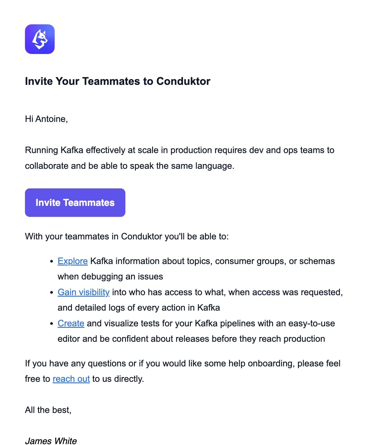 SaaS Invite Your Team Emails: Screenshot of Conduktor's email nudging users to invite team members