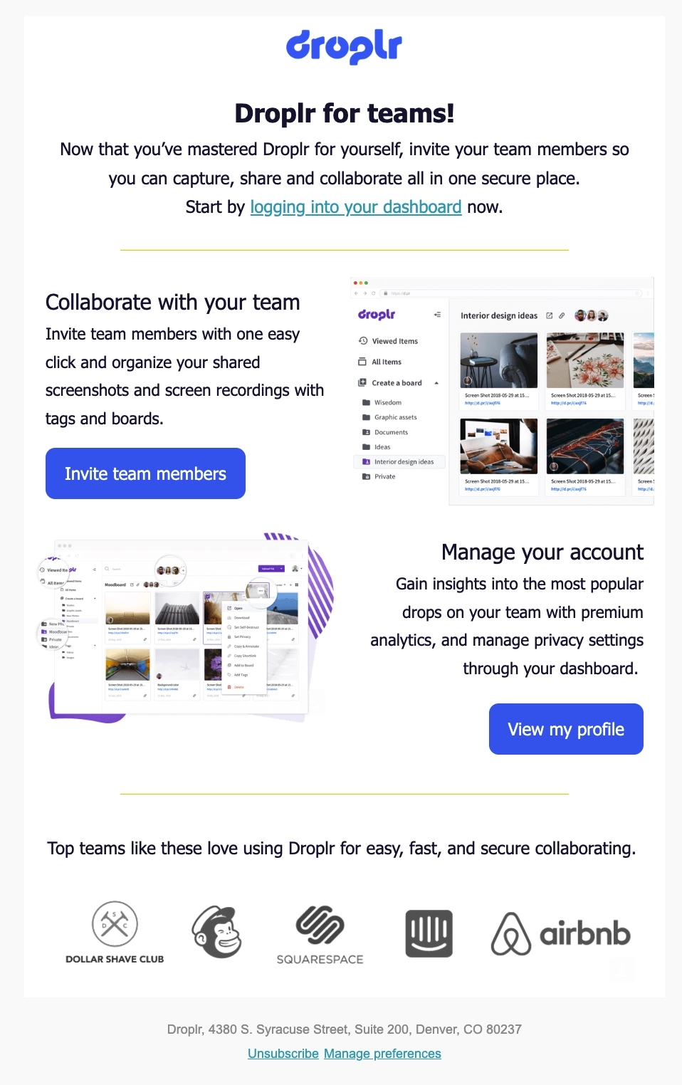 SaaS Invite Your Team Emails: Screenshot of Droplr's email nudging users to invite team members