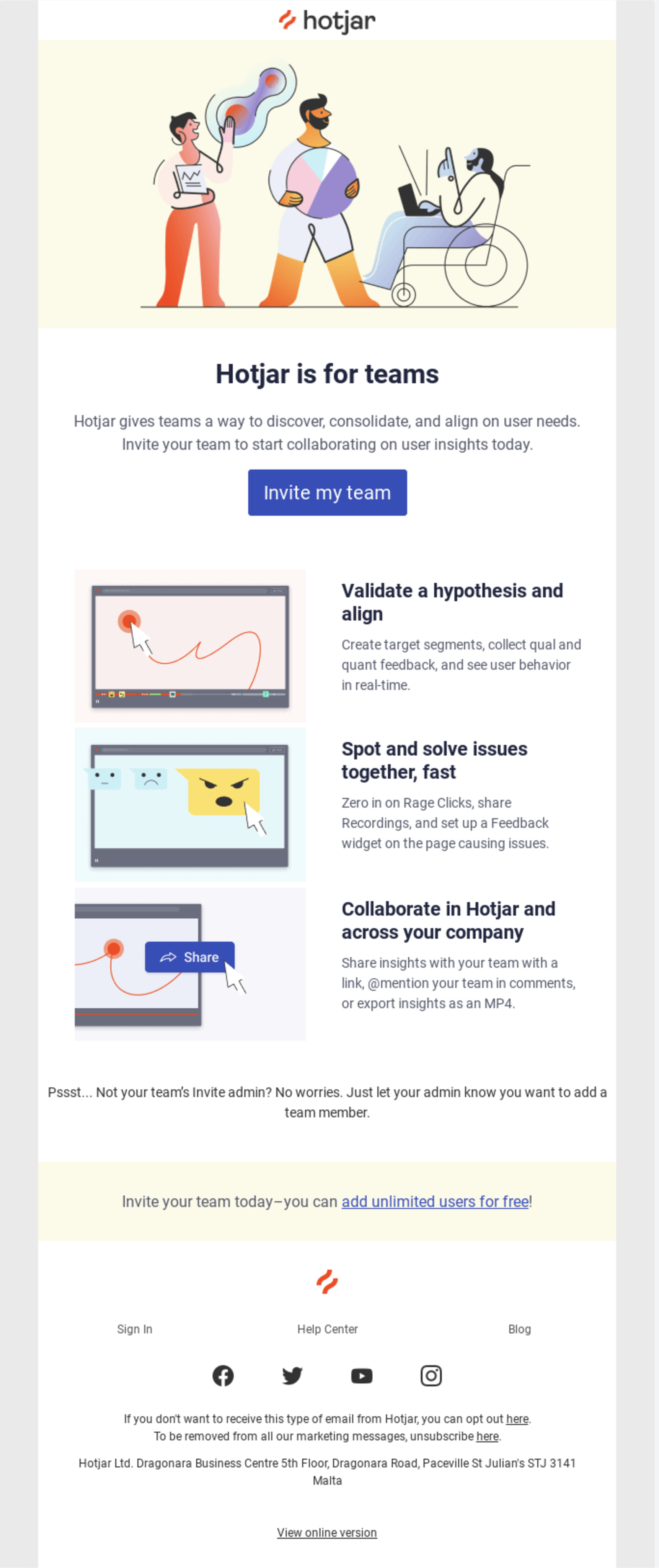 SaaS Invite Your Team Emails: Screenshot of Hotjar's email nudging users to invite team members