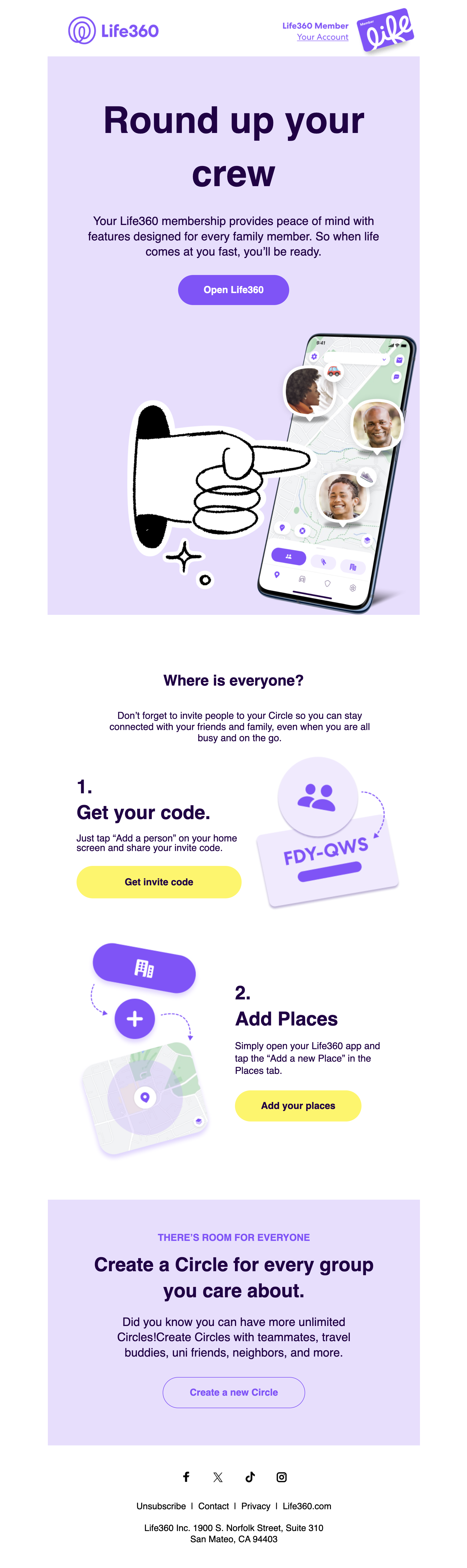 SaaS Invite Your Team Emails: Screenshot of Life360's email nudging users to invite team members