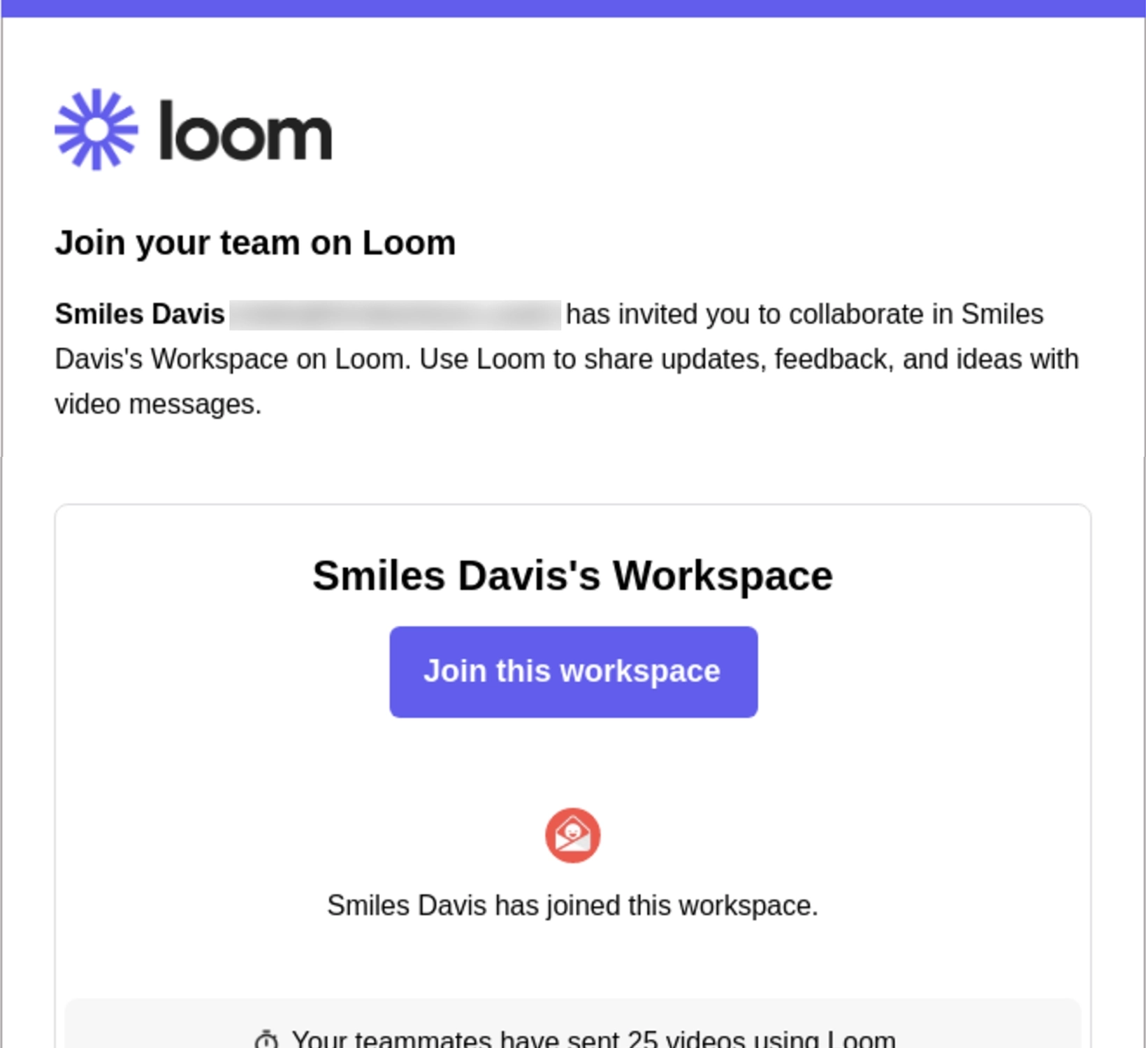 SaaS Invite Your Team Emails: Screenshot of Loom's email about a team invitation