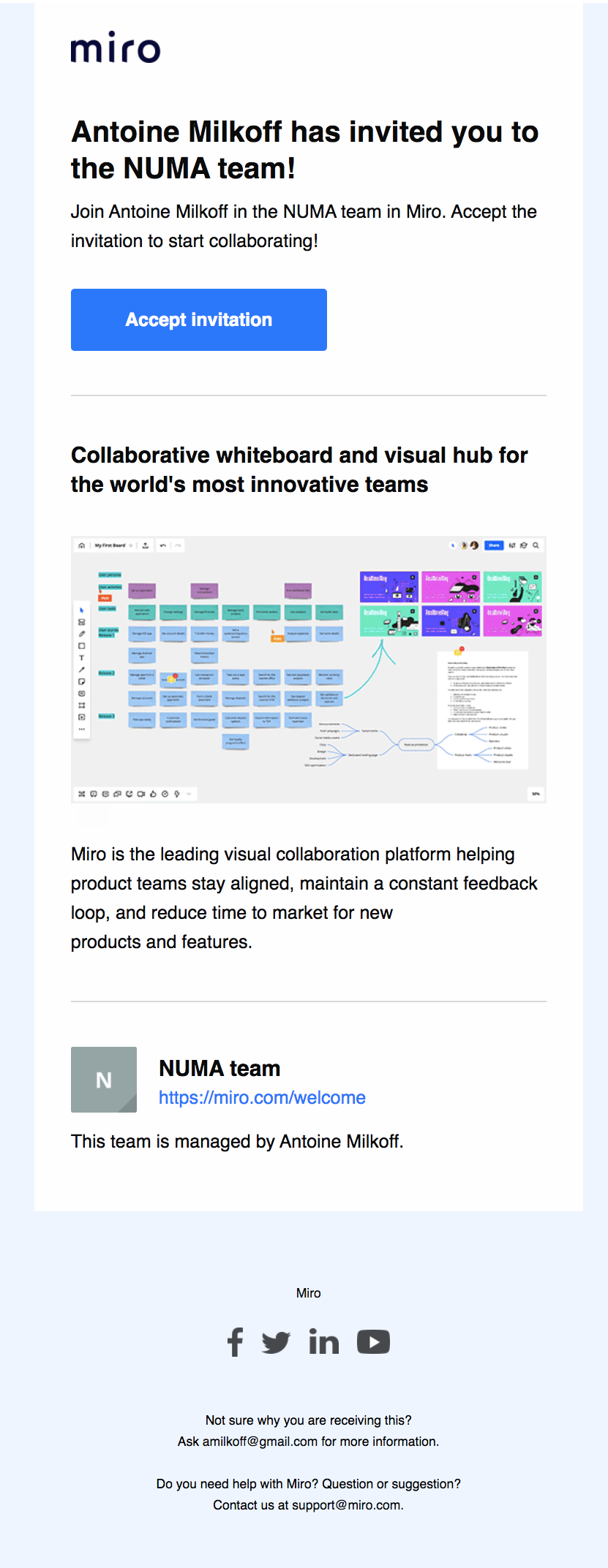SaaS Invite Your Team Emails: Screenshot of Miro's email about a team invitation