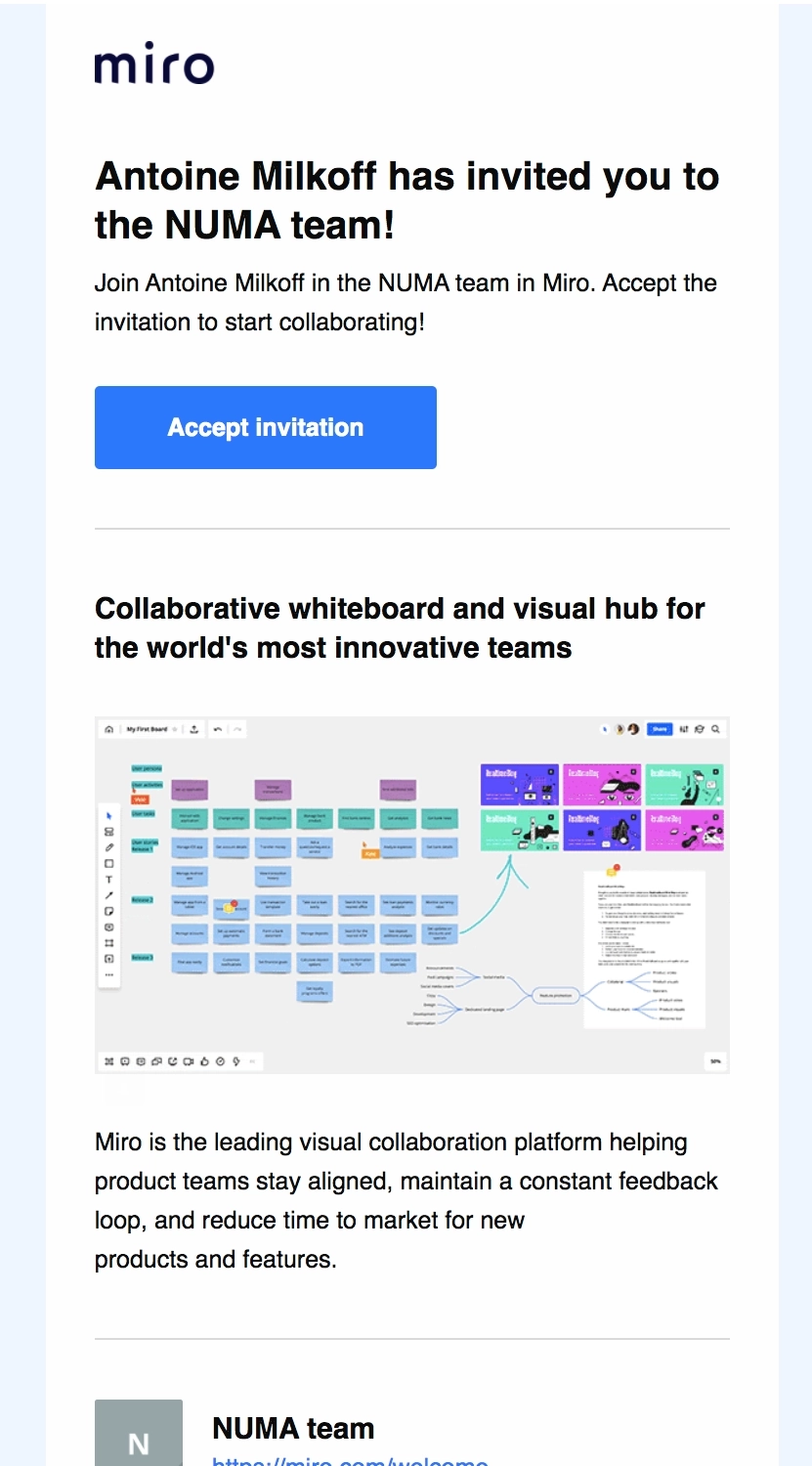 SaaS Invite Your Team Emails: Screenshot of Miro's email about a team invitation
