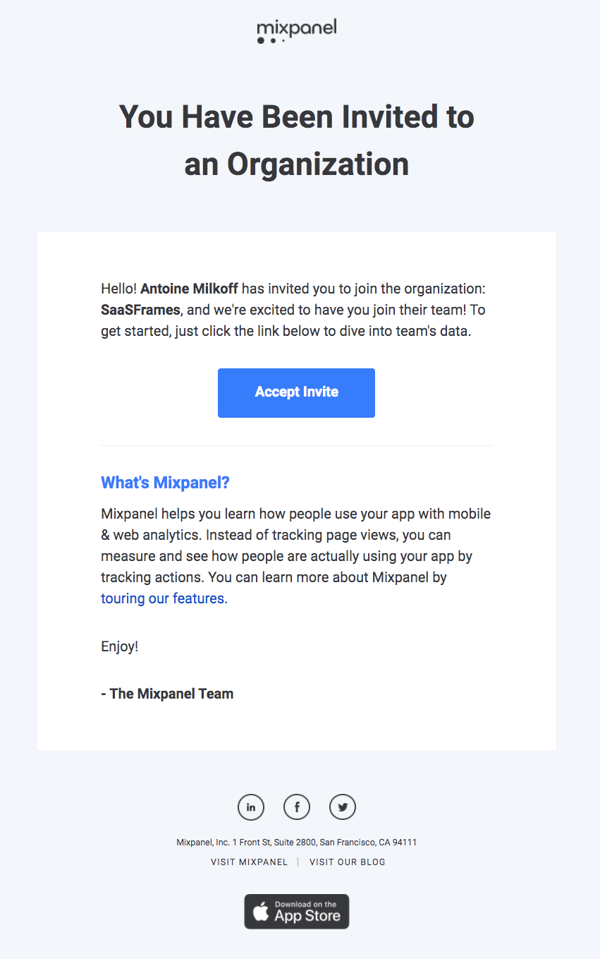 SaaS Invite Your Team Emails: Screenshot of Mixpanel's email about a team invitation