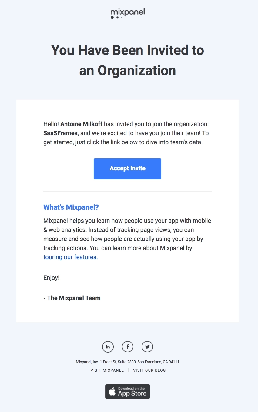 SaaS Invite Your Team Emails: Screenshot of Mixpanel's email about a team invitation