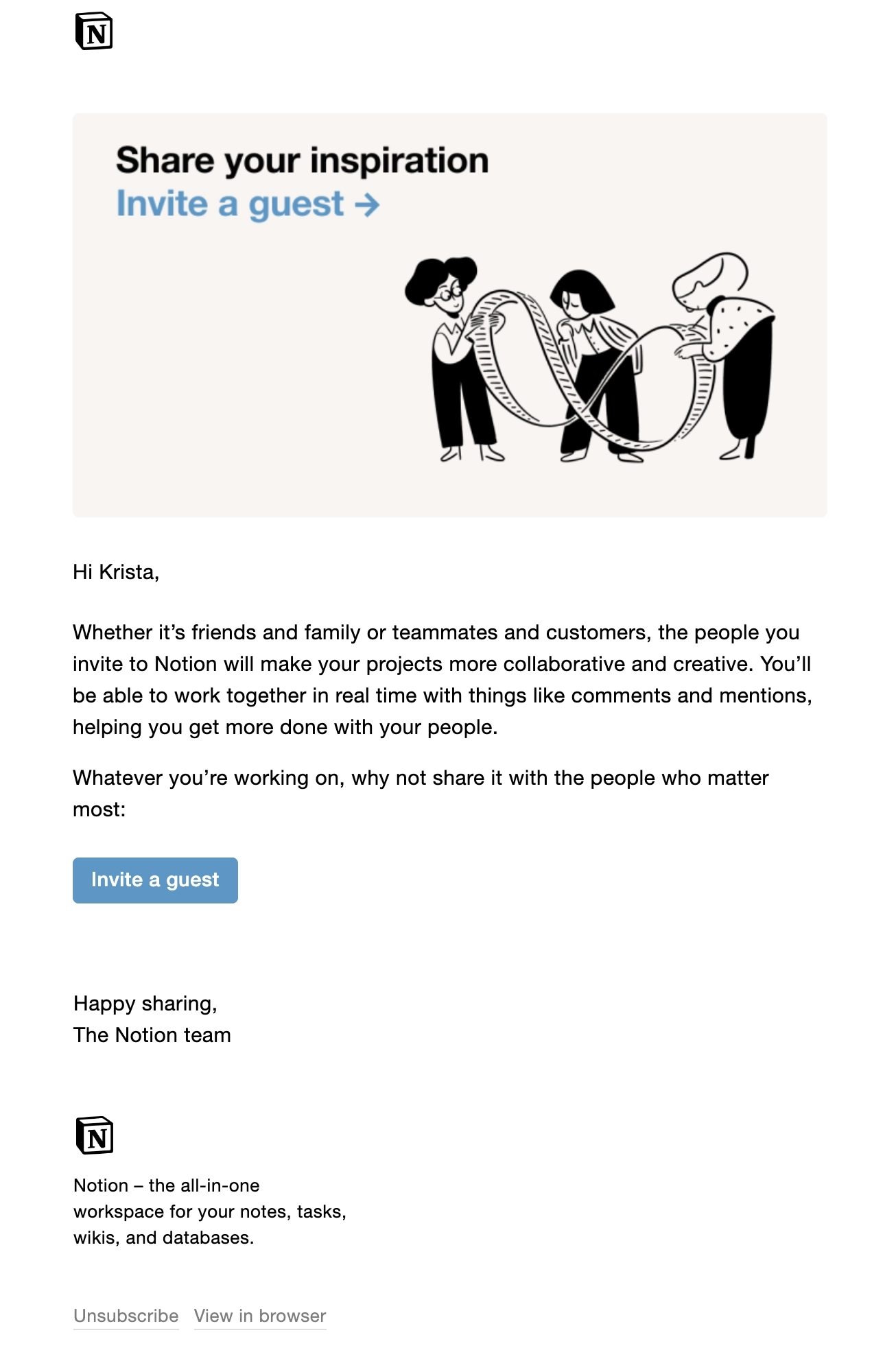 SaaS Invite Your Team Emails: Screenshot of Notion's email nudging users to invite team members