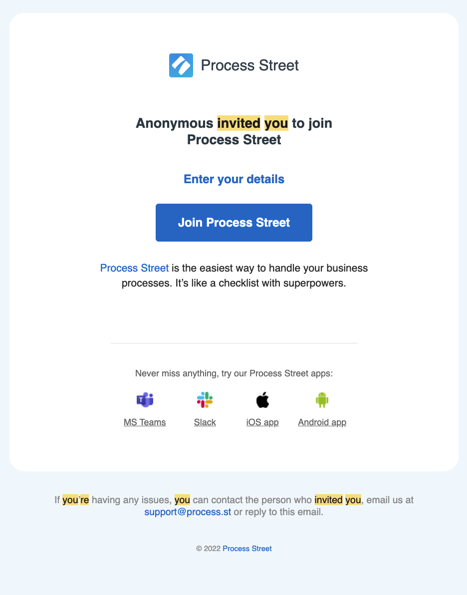 SaaS Invite Your Team Emails: Screenshot of Process Street's email about a team invitation