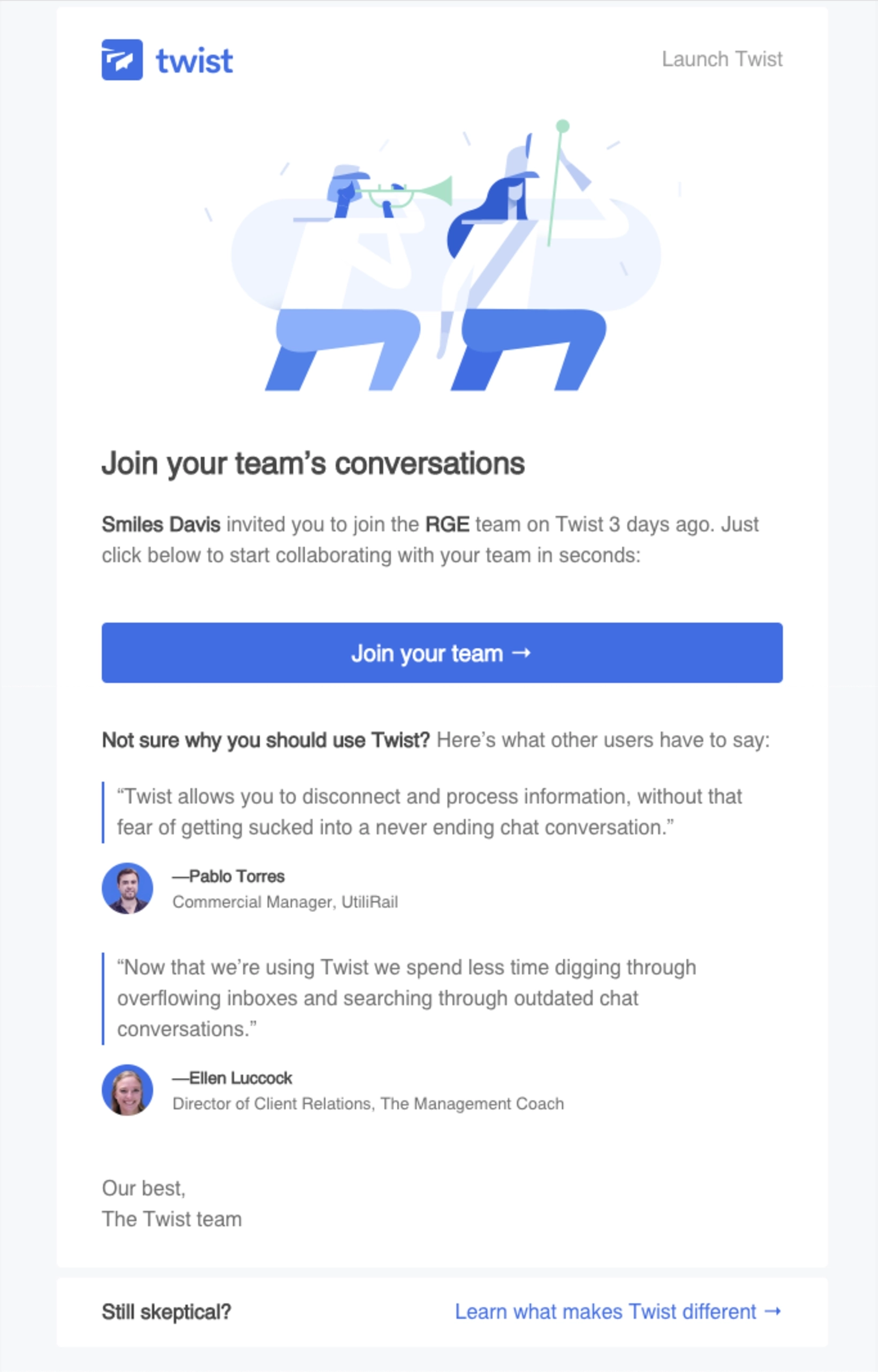 SaaS Invite Your Team Emails: Screenshot of Twist's email about a team invitation