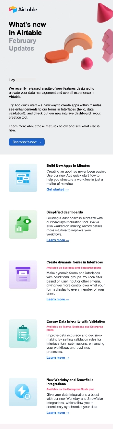 New Feature Announcement Emails: Screenshot of Airtable's new feature roundup email