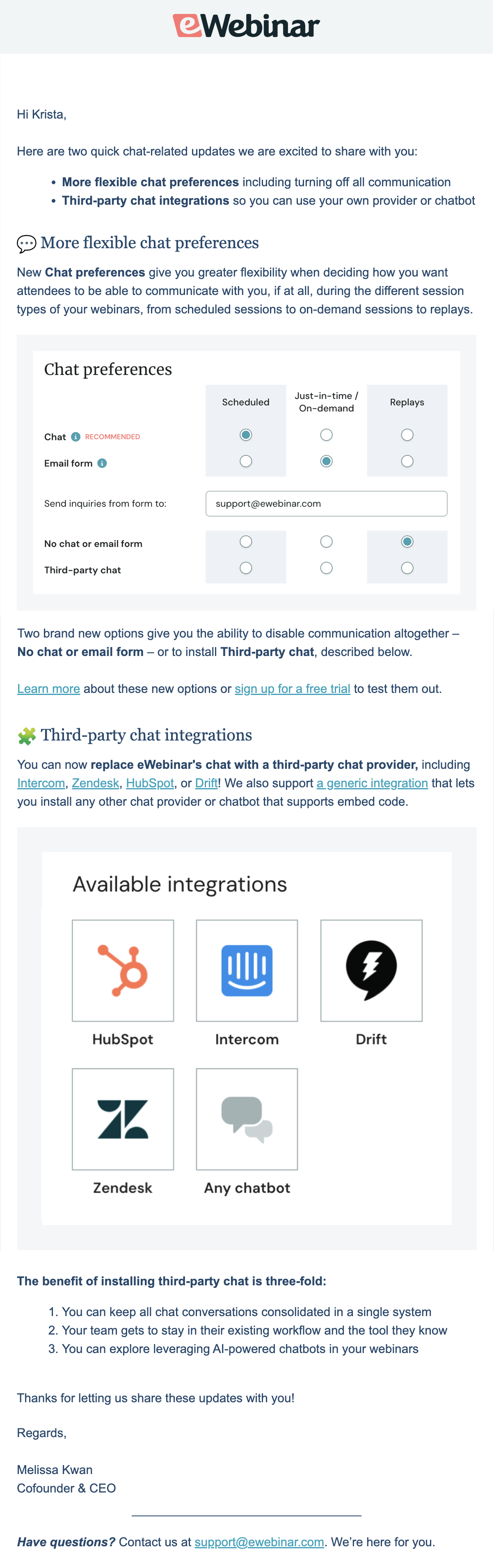 New Feature Announcement Emails: Screenshot of eWebinar's new feature roundup email