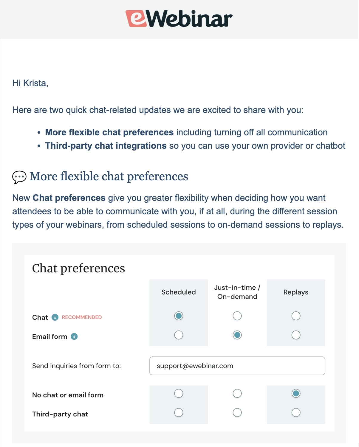 New Feature Announcement Emails: Screenshot of eWebinar's new feature roundup email
