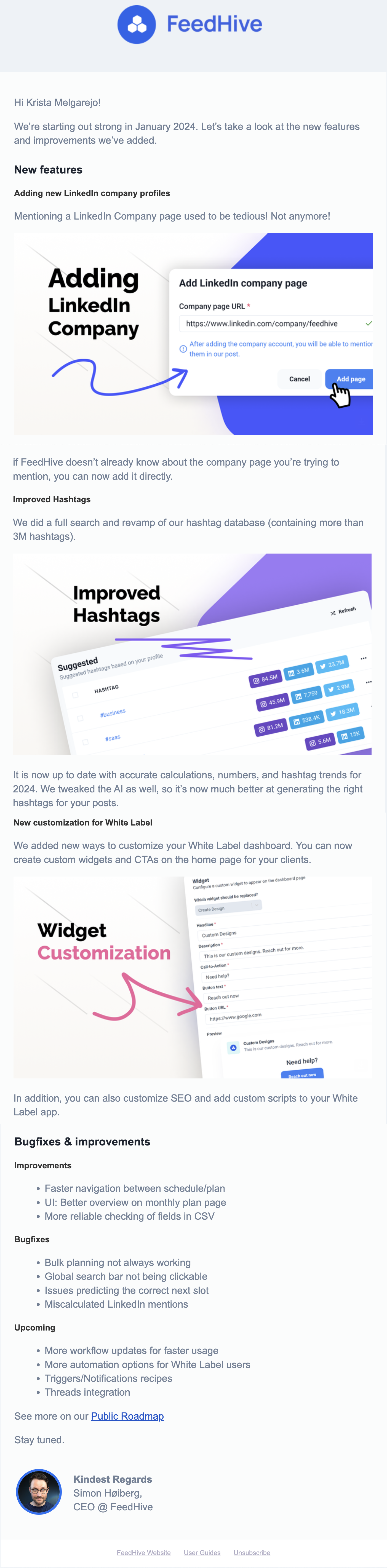 New Feature Announcement Emails: Screenshot of FeedHive's new feature roundup email