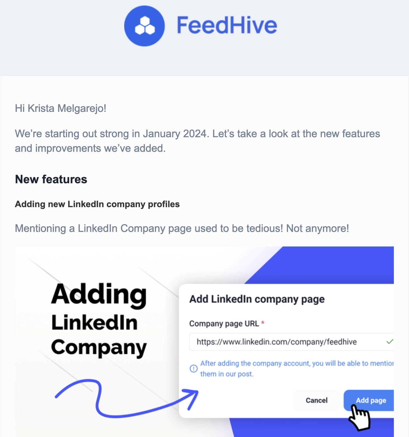 New Feature Announcement Emails: Screenshot of FeedHive's new feature roundup email